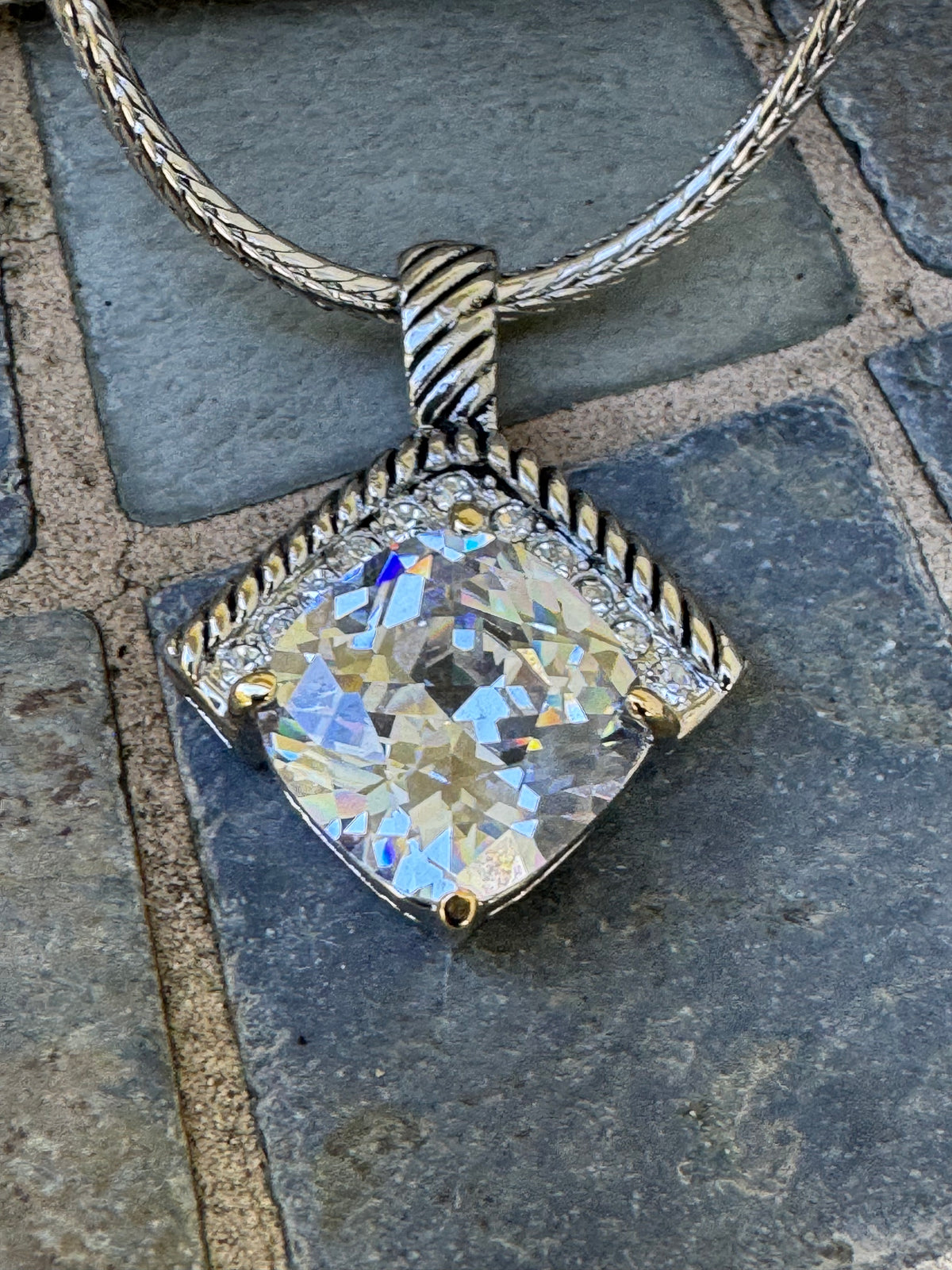 Silver Tone Pendant Necklace with Round Clear Crystal & Pave Crystal Accents