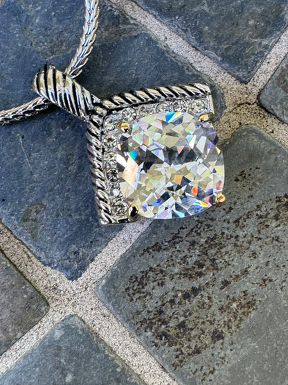Silver Tone Pendant Necklace with Round Clear Crystal & Pave Crystal Accents