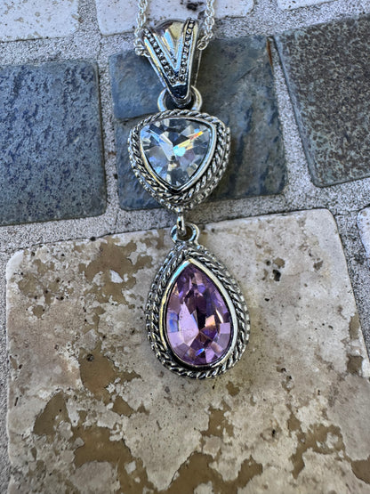 Silver Tone Pendant Necklace with Clear & Purple Crystals