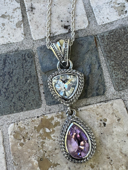 Silver Tone Pendant Necklace with Clear & Purple Crystals