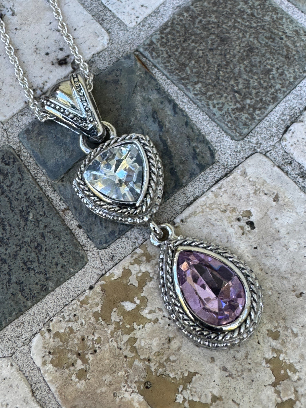 Silver Tone Pendant Necklace with Clear & Purple Crystals