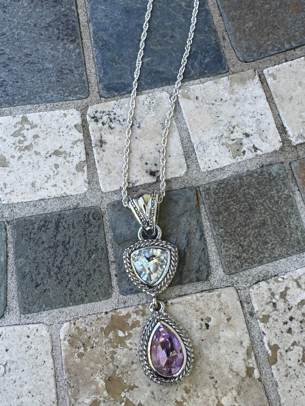 Silver Tone Pendant Necklace with Clear & Purple Crystals