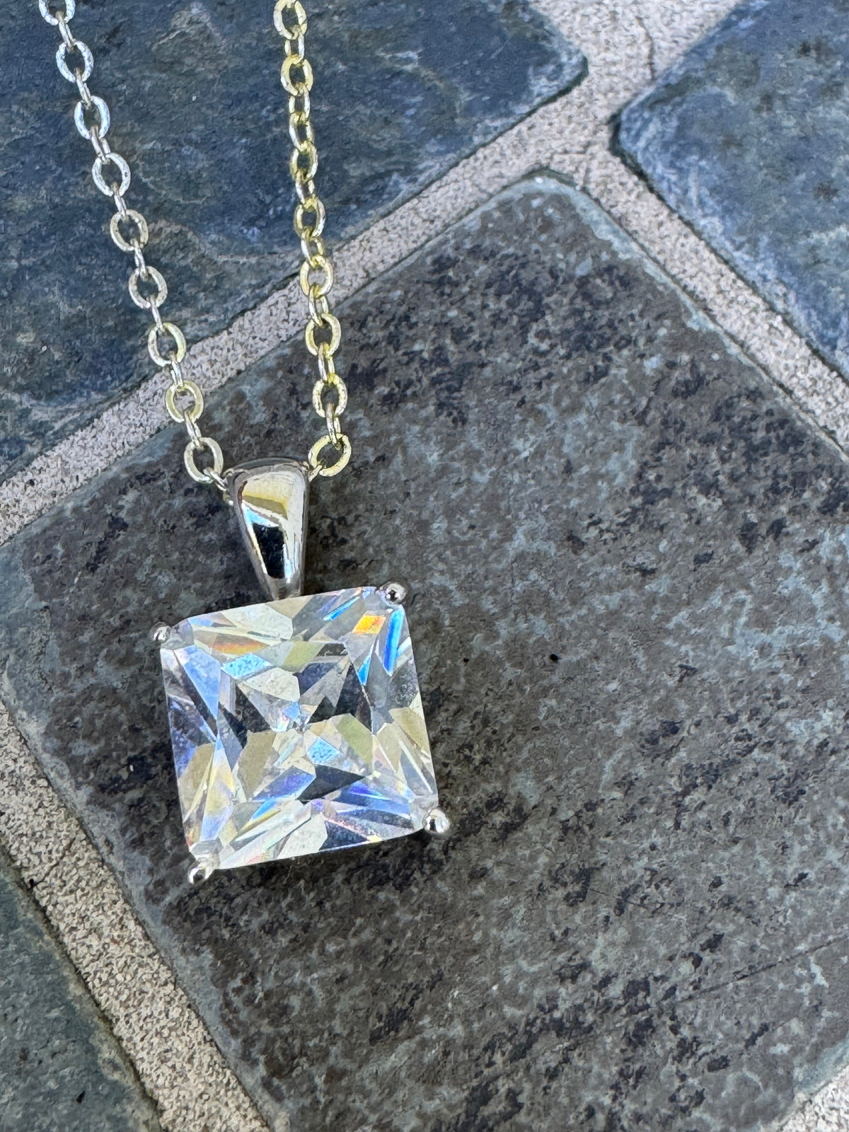 Silver Tone Square Clear Crystal Pendant Necklace