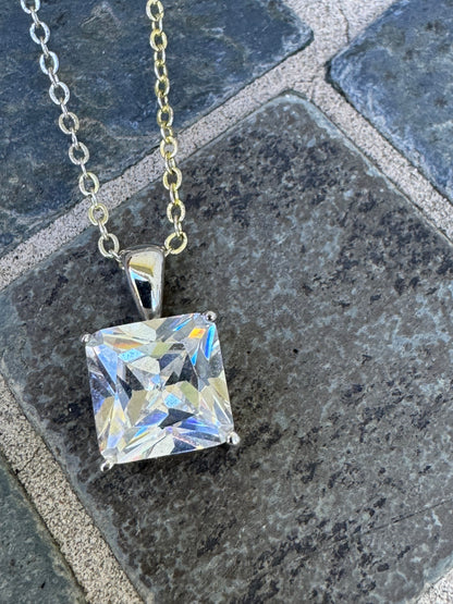 Silver Tone Square Clear Crystal Pendant Necklace