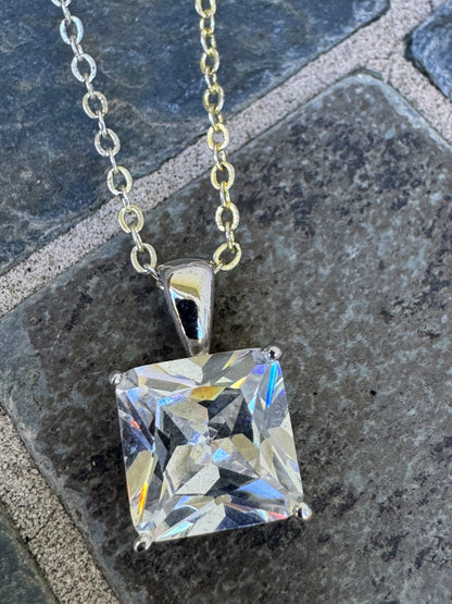 Silver Tone Square Clear Crystal Pendant Necklace