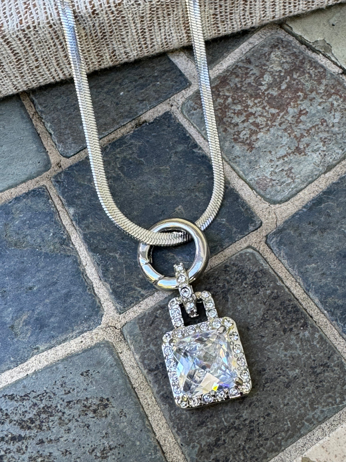 Silver Tone Pendant Necklace with Square Clear Crystal & Pave Crystal Accents