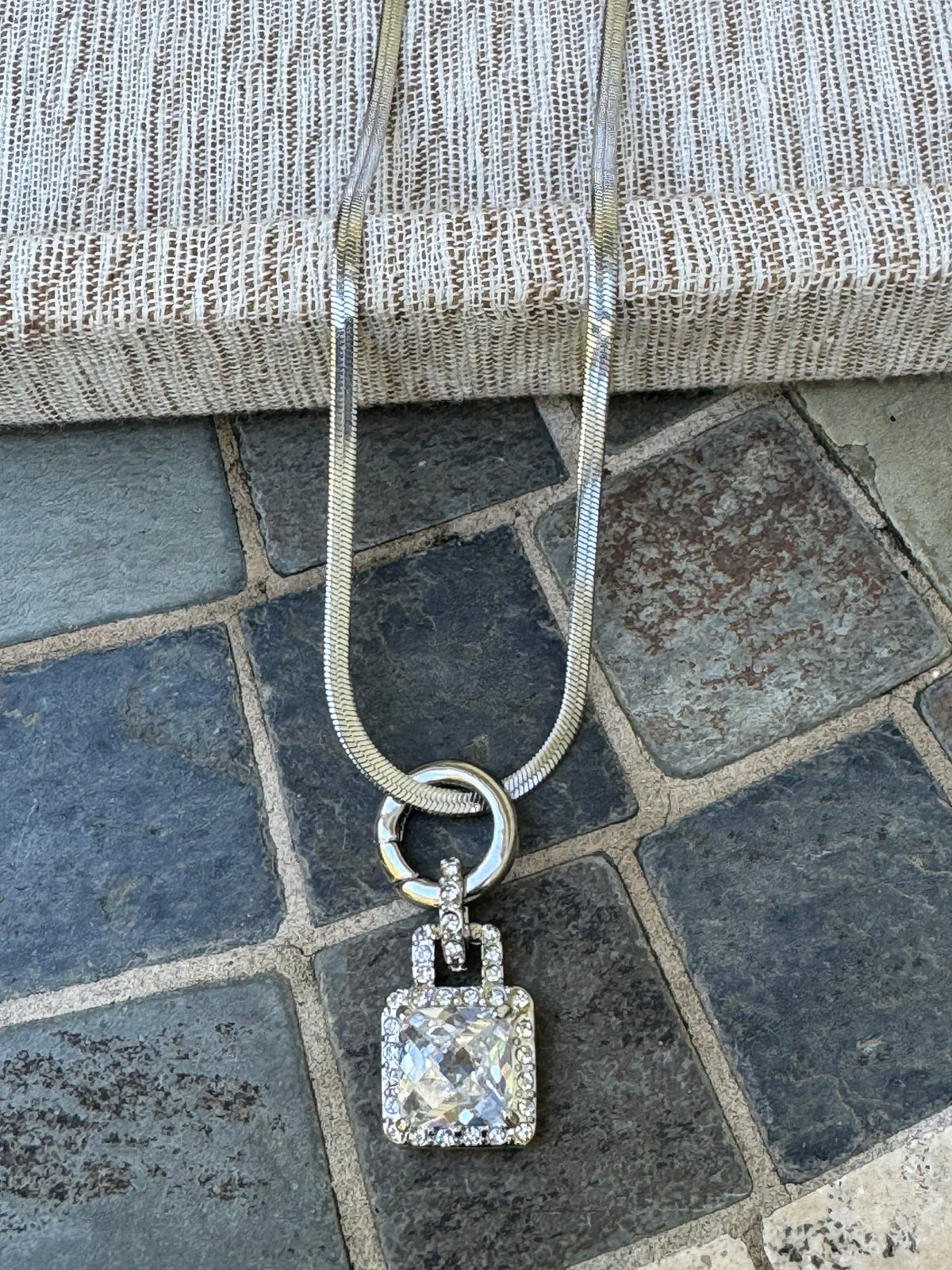 Silver Tone Pendant Necklace with Square Clear Crystal & Pave Crystal Accents