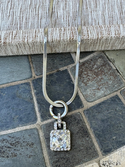 Silver Tone Pendant Necklace with Square Clear Crystal & Pave Crystal Accents