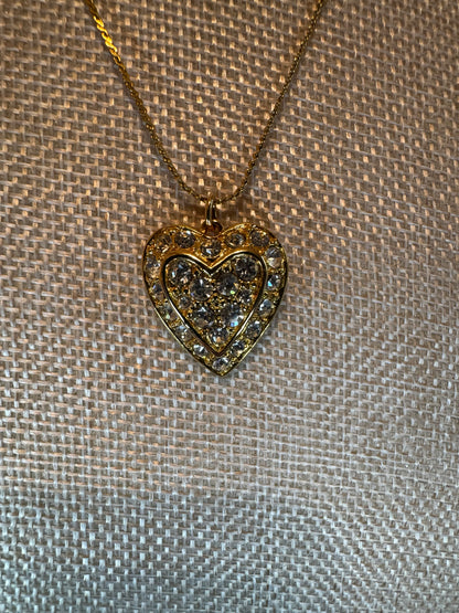 Gold Tone Heart Pendant Necklace with Pave Crystals