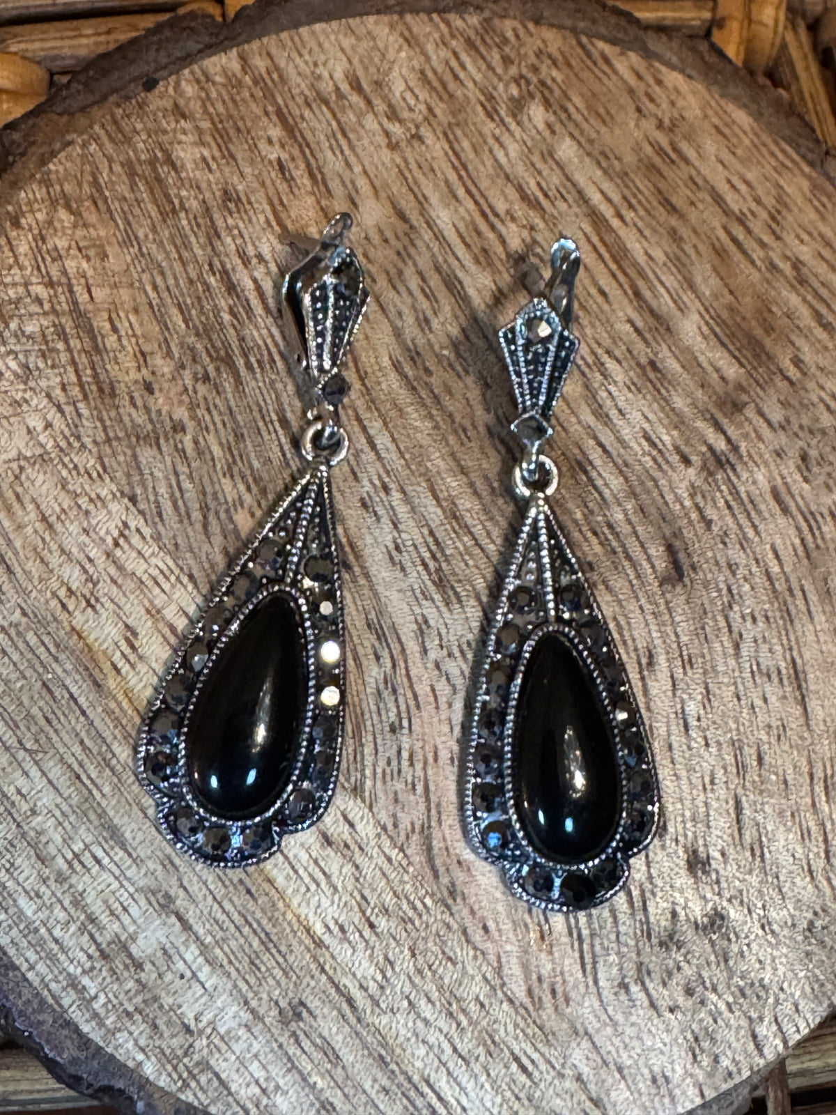 Silver Tone Dangle Earrings with Black Onyx Stones and Smoky Crystals