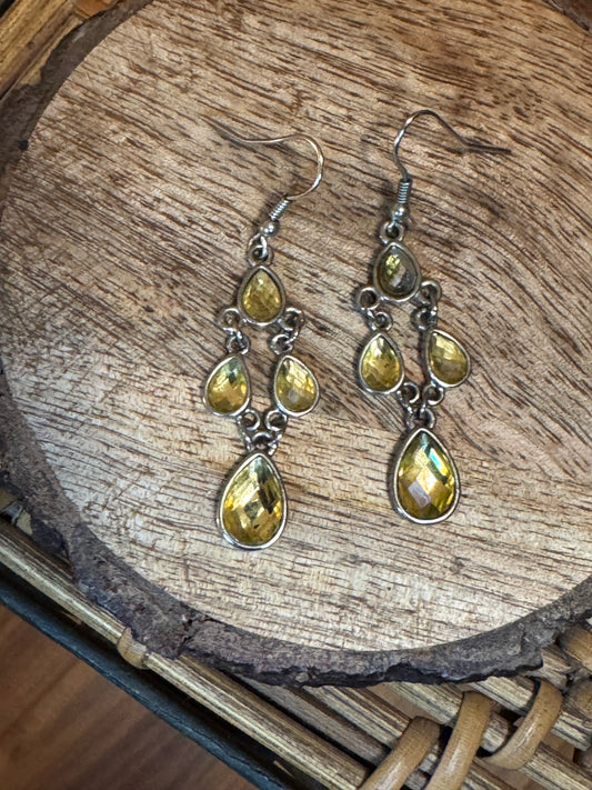 Champagne Colored Faceted Crystal Earrings in Silver Tone Setting