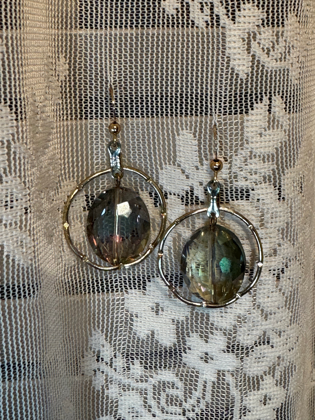 Faceted, iridescent Greenish-grey stone earrings in gold tone circular frames