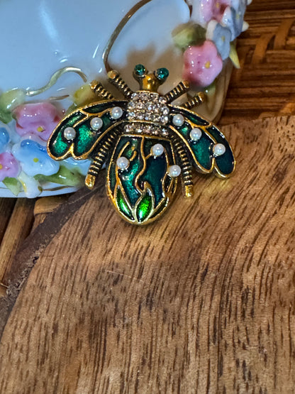 Gold Tone Insect Brooch with Green Enamel and Rhinestone Accents