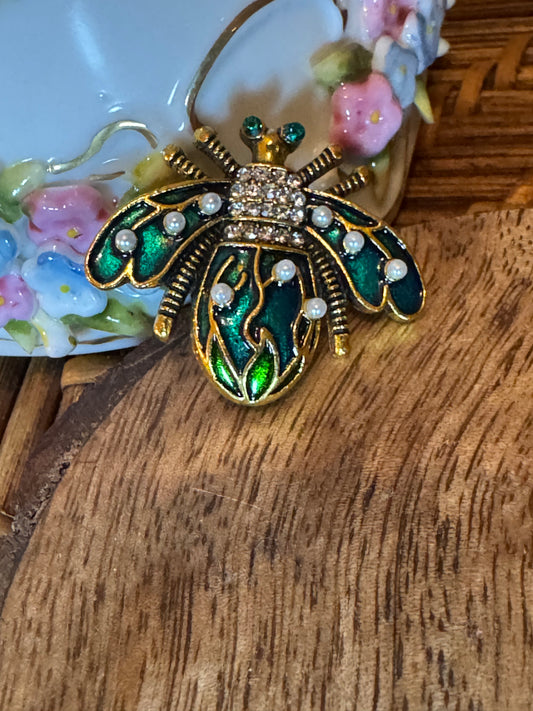 Gold Tone Insect Brooch with Green Enamel and Rhinestone Accents
