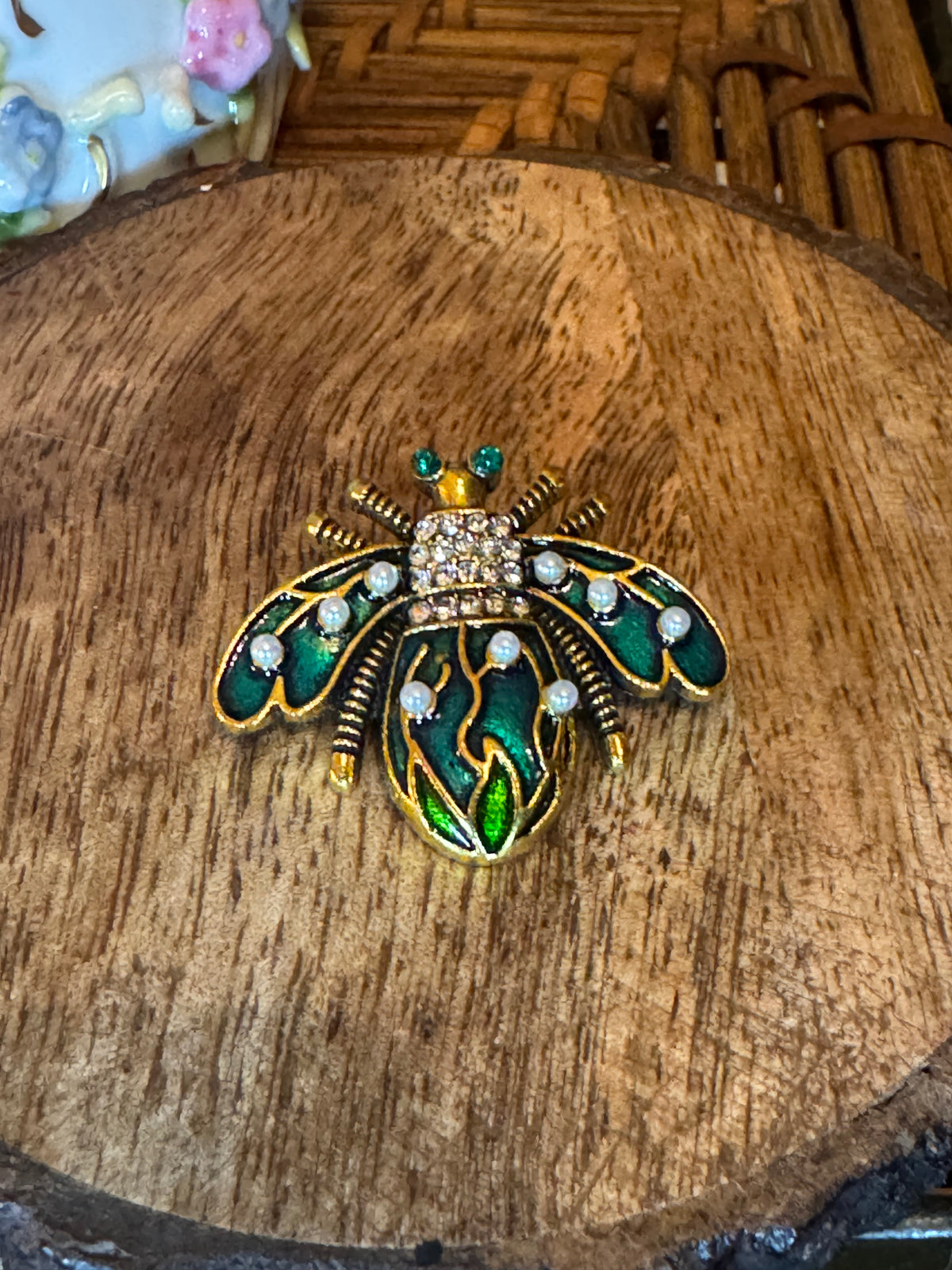 Gold Tone Insect Brooch with Green Enamel and Rhinestone Accents
