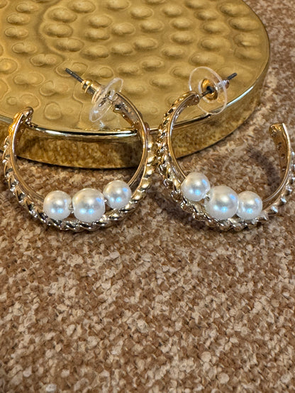 Gold Tone Hoop with Pearls Earrings