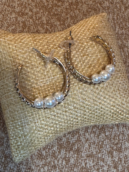 Gold Tone Hoop with Pearls Earrings