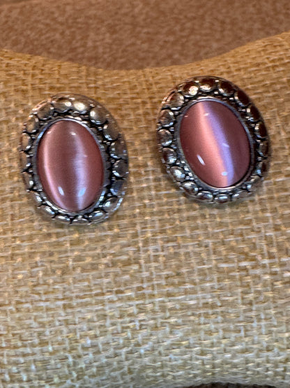 Vintage Silver Pink Cat Eye Oval Stud Earrings