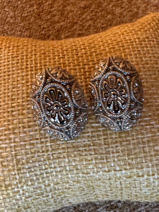 Vintage Silver Tone 1928 Oval Stud Earrings