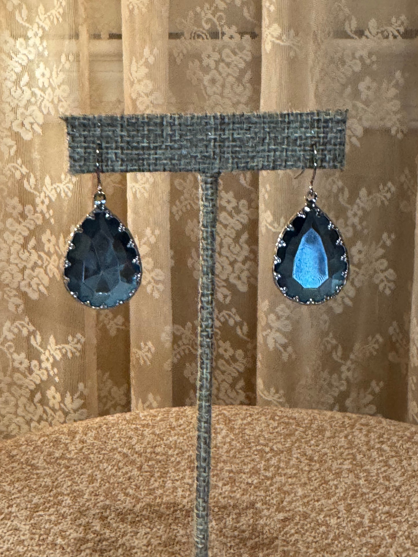 Vintage Silver Tone and Blue Crystal Dangle Earrings