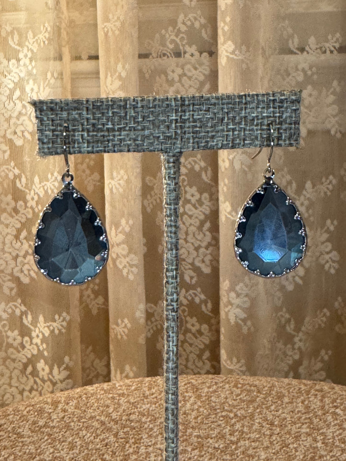 Vintage Silver Tone and Blue Crystal Dangle Earrings