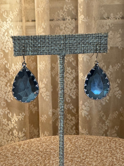 Vintage Silver Tone and Blue Crystal Dangle Earrings