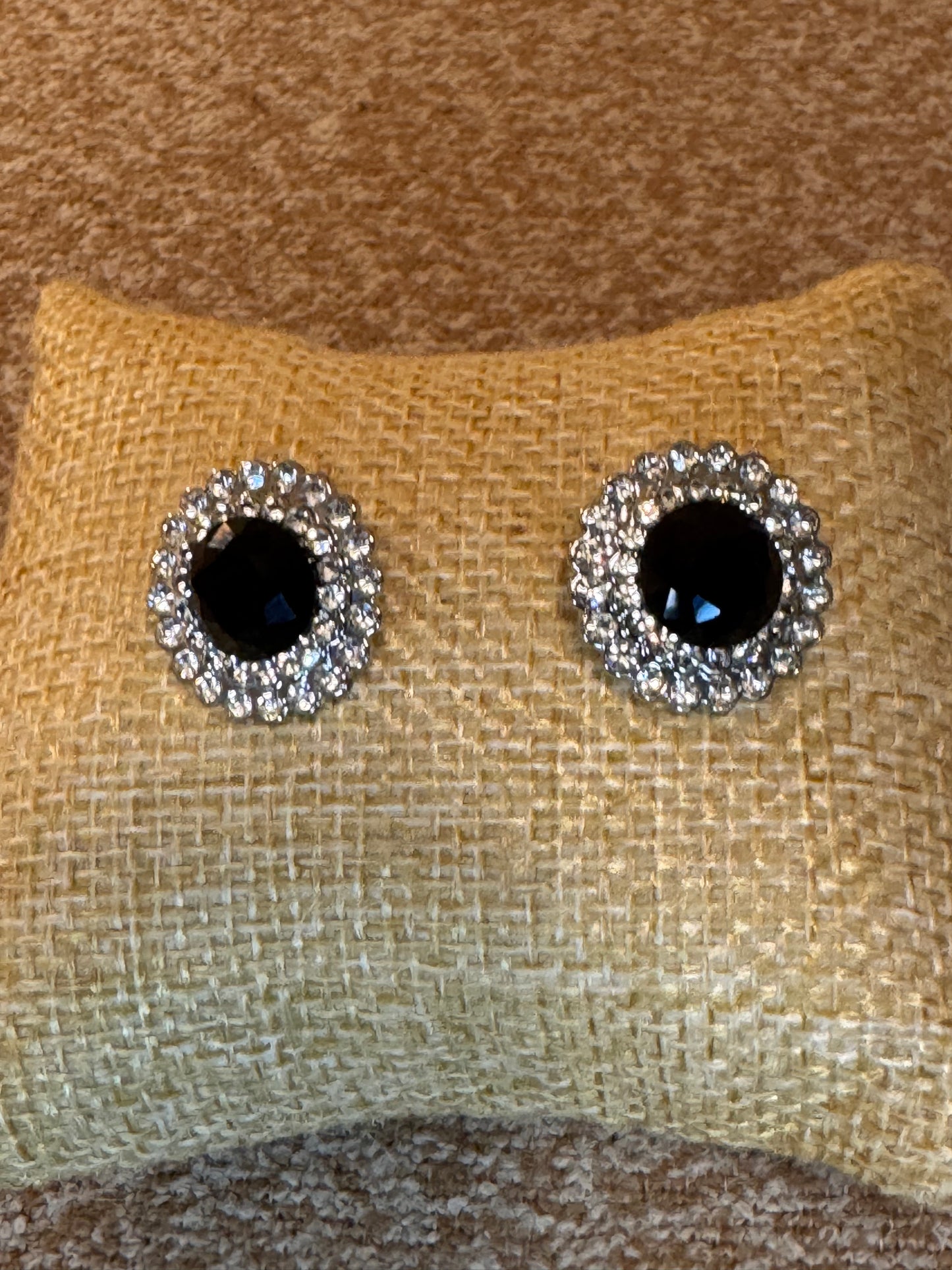 Vintage Black Stone and Clear Rhinestone Round Stud Earrings