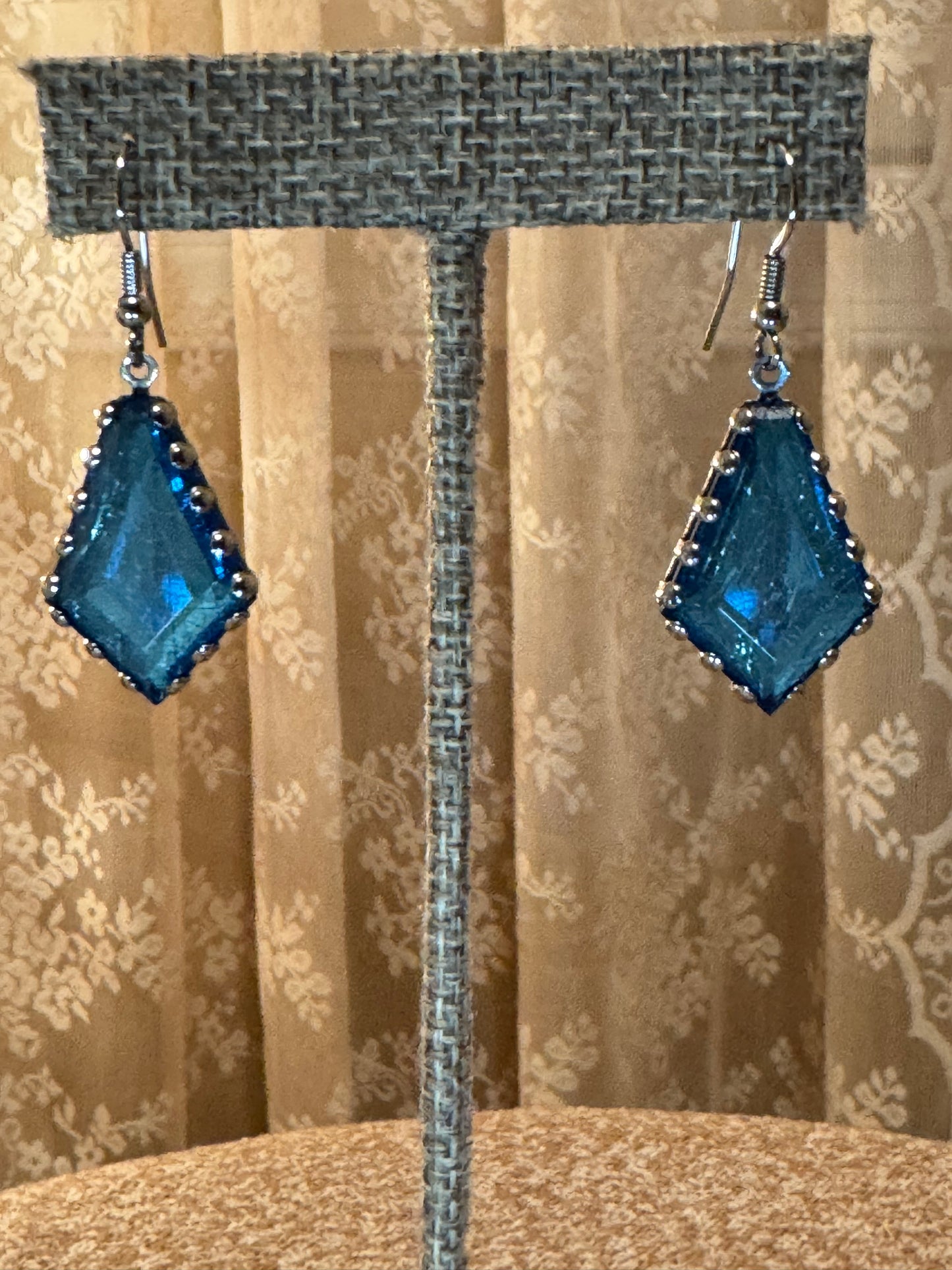 Vintage Silver Tone and Blue Crystal Dangle Earrings