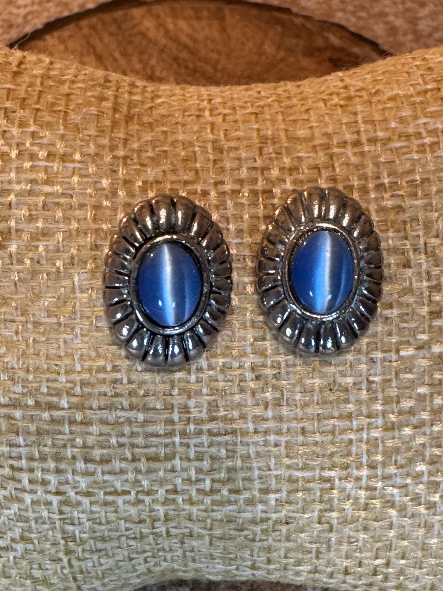 Vintage Sterling Silver Blue Cat Eye Stud Earrings