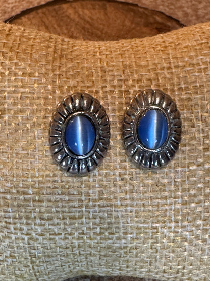 Vintage Sterling Silver Blue Cat Eye Stud Earrings