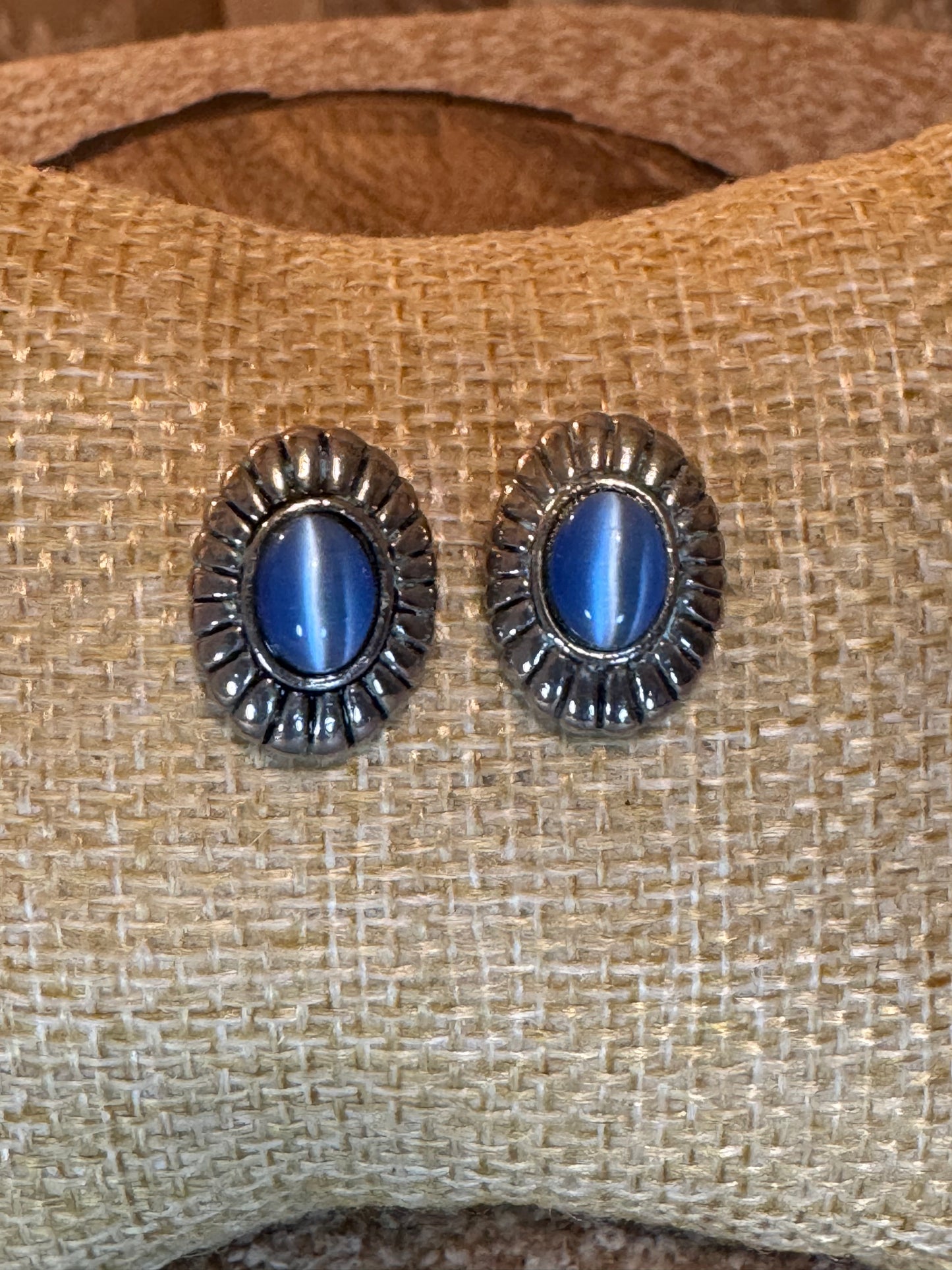 Vintage Sterling Silver Blue Cat Eye Stud Earrings