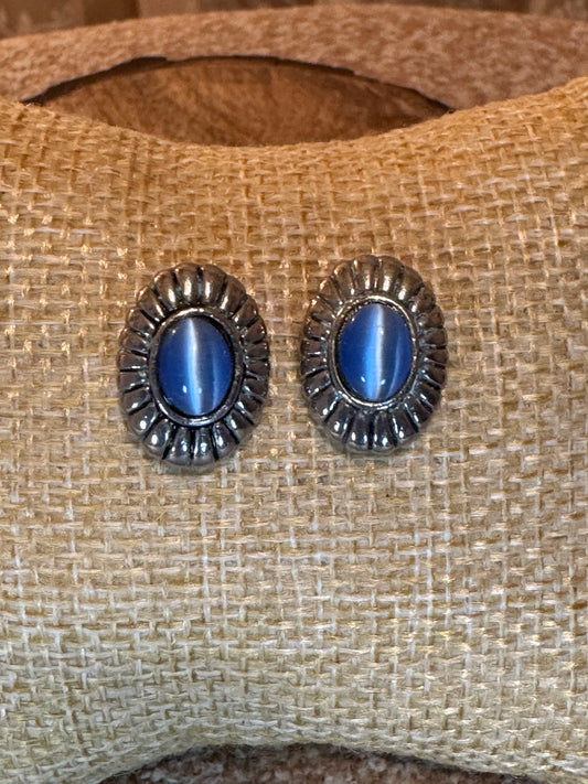 Vintage Sterling Silver Blue Cat Eye Stud Earrings