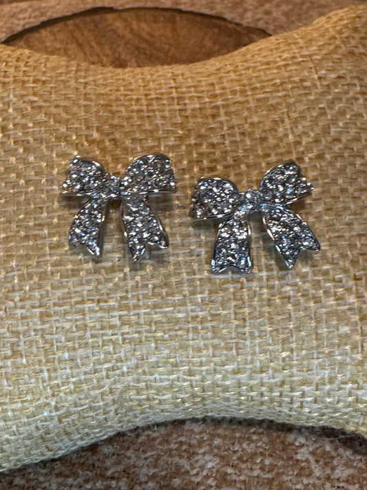 Vintage Silver Tone with Rhinestones Bow Earrings
