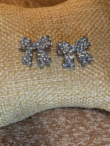 Vintage Silver Tone with Rhinestones Bow Earrings