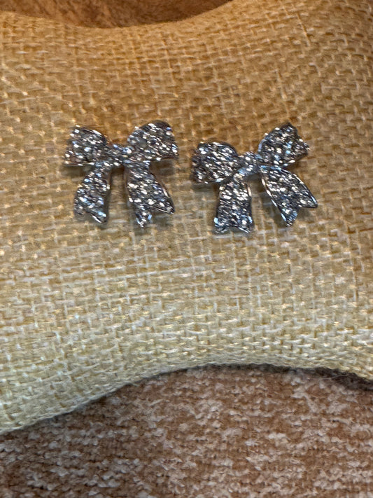 Vintage Silver Tone with Rhinestones Bow Earrings