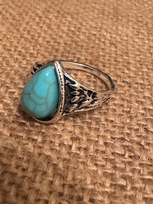 Silver Turquoise Teardrop Boho Ring- Size 7