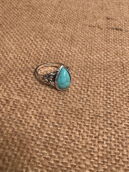 Silver Turquoise Teardrop Boho Ring- Size 7