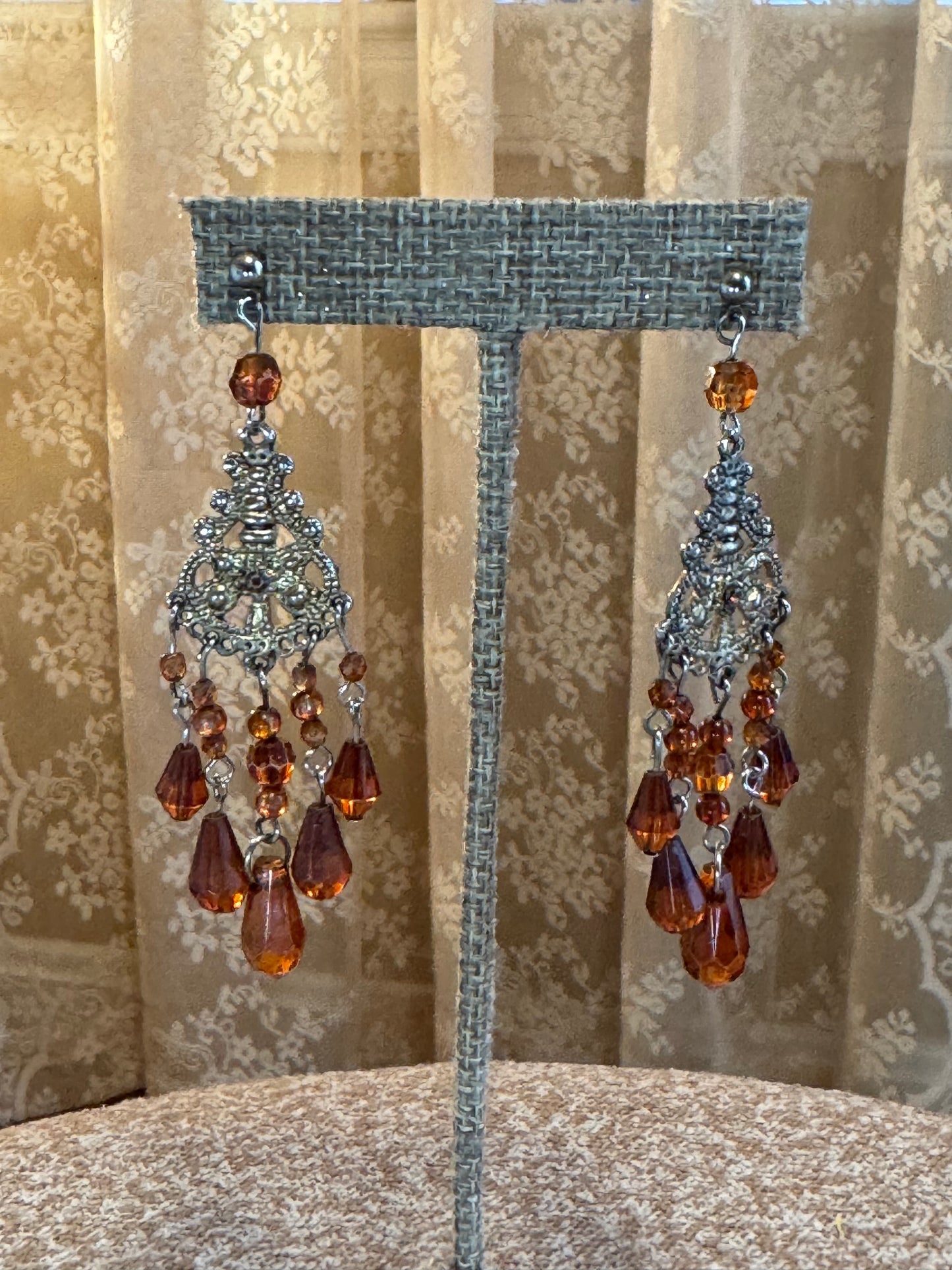 Vintage Gold Tone Chandelier Amber Stone Earrings