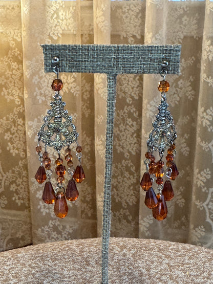 Vintage Gold Tone Chandelier Amber Stone Earrings