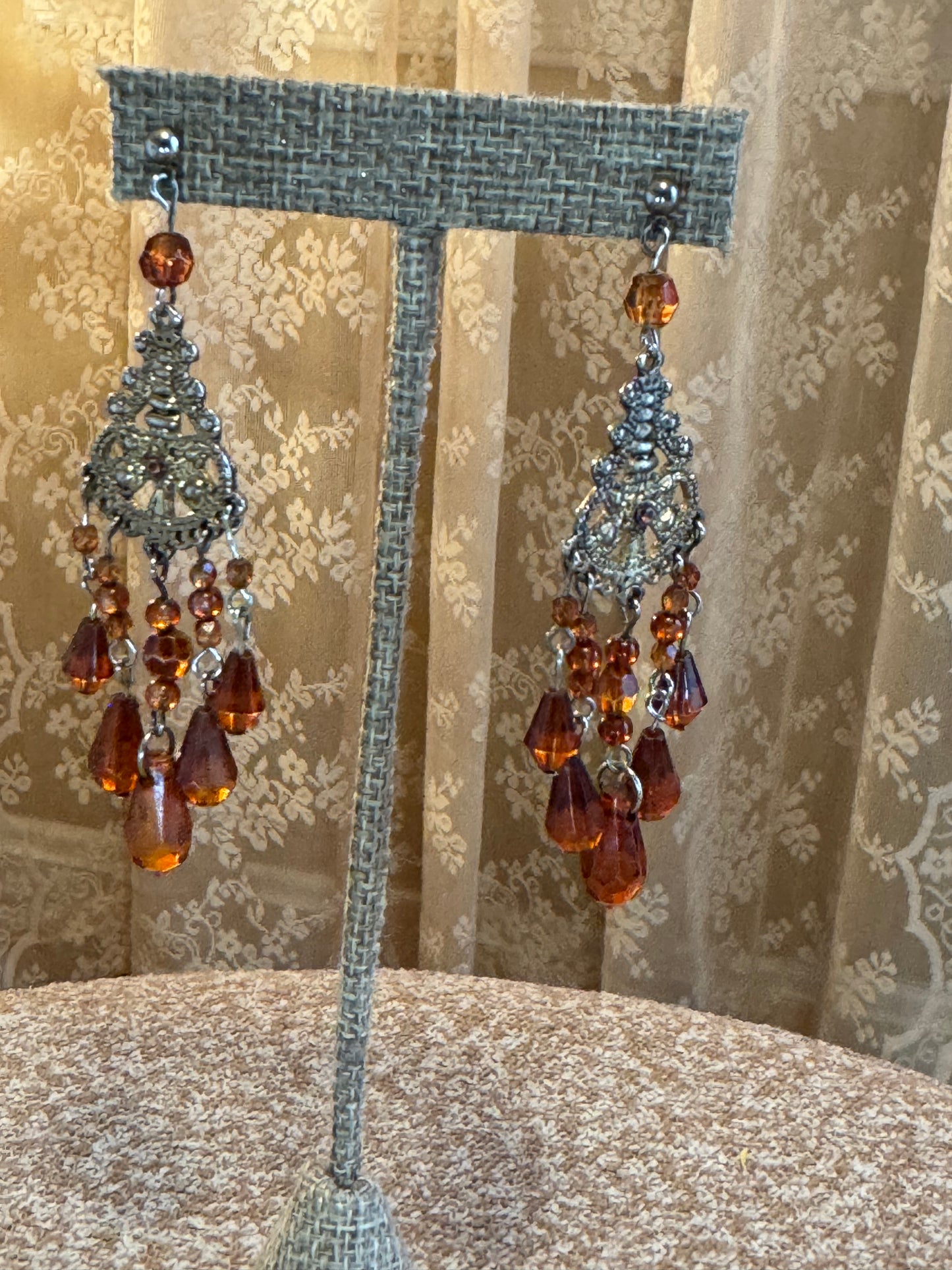 Vintage Gold Tone Chandelier Amber Stone Earrings