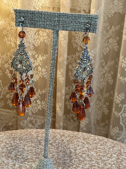 Vintage Gold Tone Chandelier Amber Stone Earrings