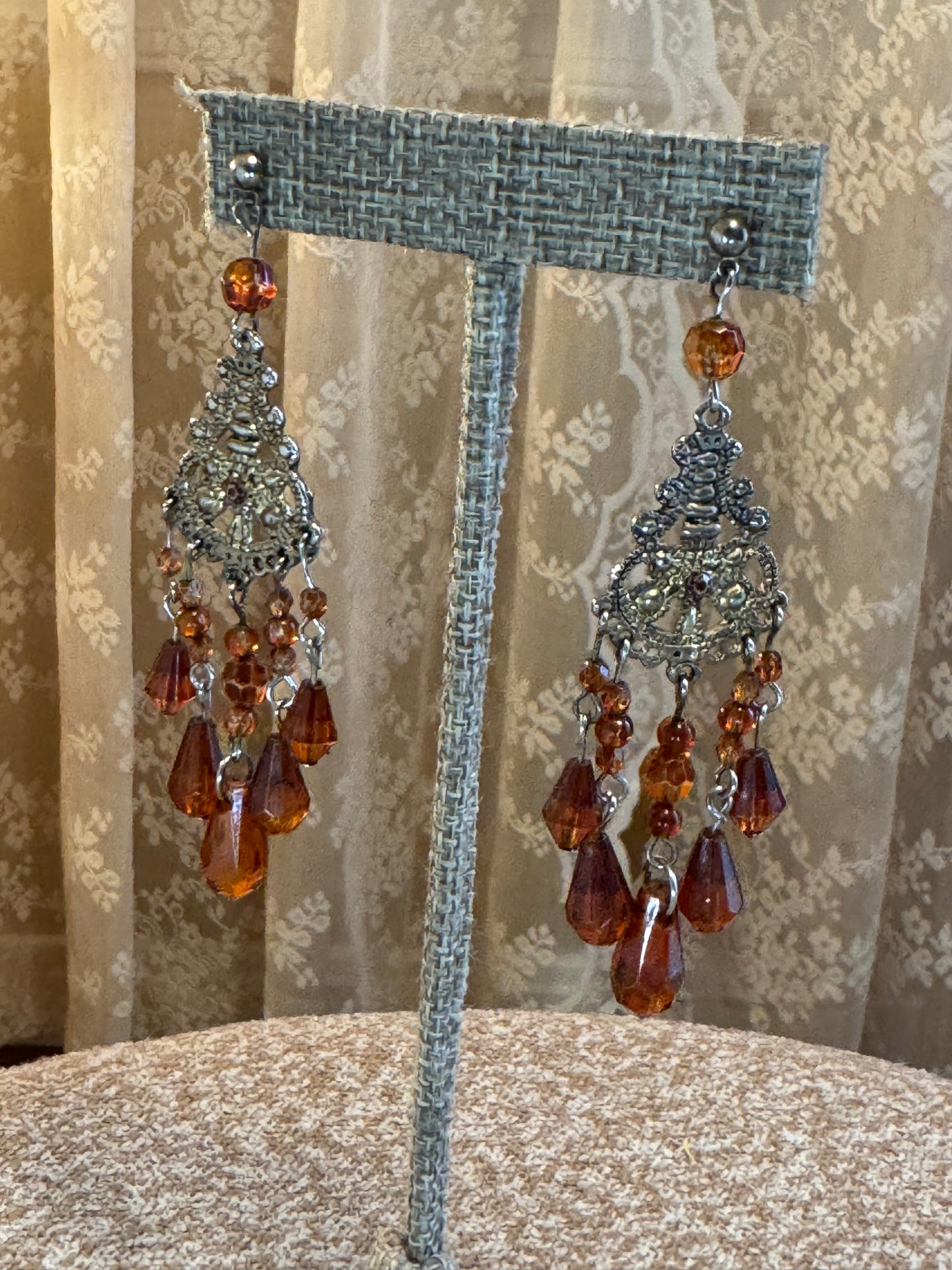 Vintage Gold Tone Chandelier Amber Stone Earrings