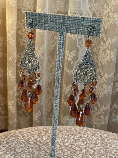 Vintage Gold Tone Chandelier Amber Stone Earrings