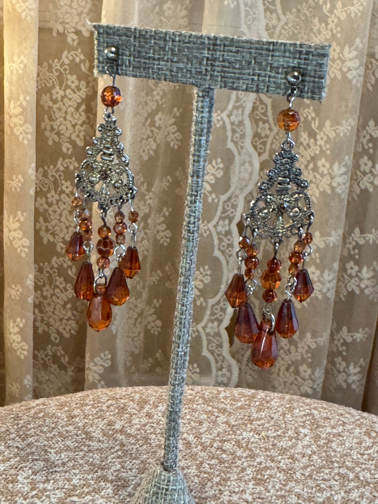 Vintage Gold Tone Chandelier Amber Stone Earrings