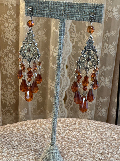 Vintage Gold Tone Chandelier Amber Stone Earrings