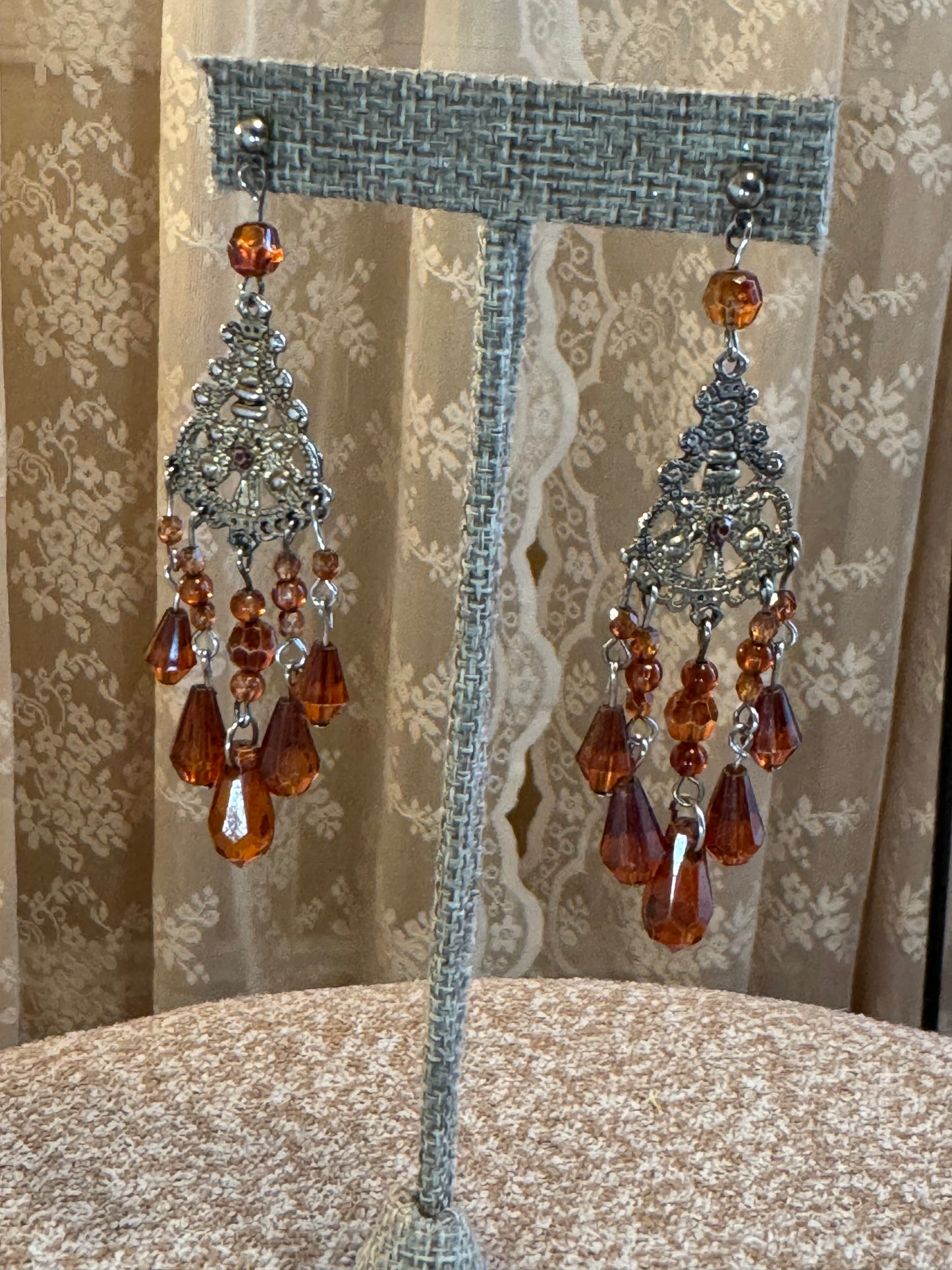 Vintage Gold Tone Chandelier Amber Stone Earrings