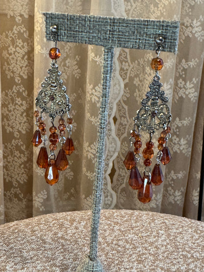 Vintage Gold Tone Chandelier Amber Stone Earrings