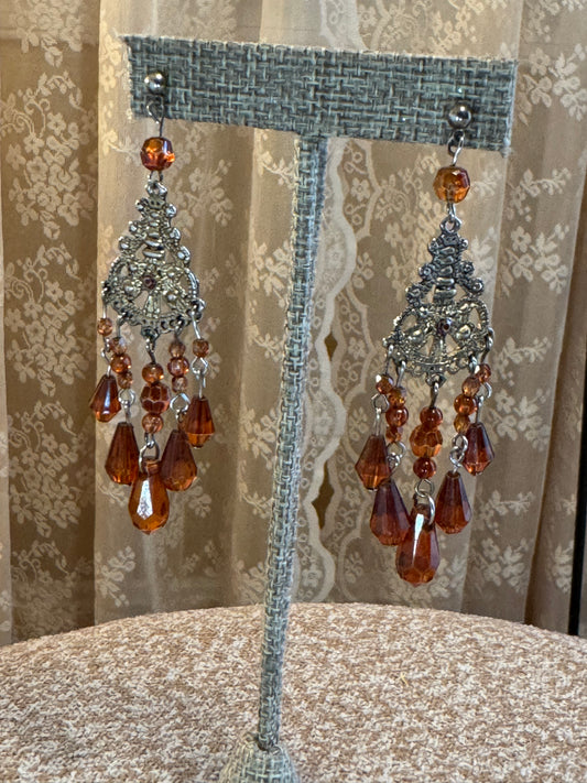 Vintage Gold Tone Chandelier Amber Stone Earrings