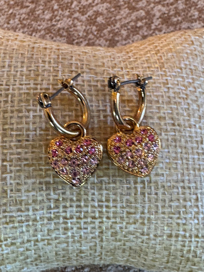 Pink Rhinestone Heart Dangle Hoop Earrings