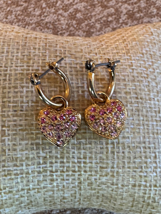 Pink Rhinestone Heart Dangle Hoop Earrings